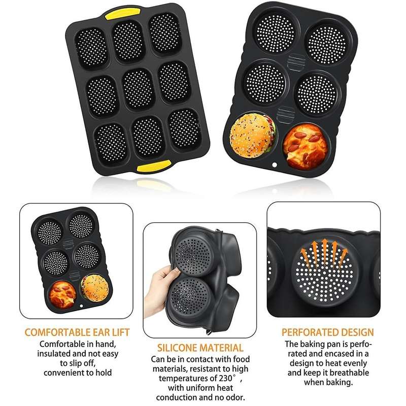 Silicone French Bread Pan and Hamburger Bun Pan Set with Spatula Nonstick 9 Cup Baking Tray 6 Cup Ha