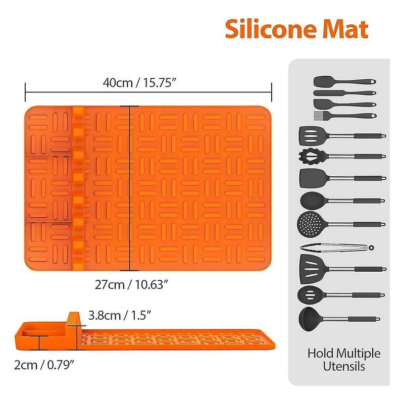 Silicone Griddle Tools Mat ,Spatula Mat with Drip Pad,Side Shelf Mat Grill Utensils Holder Griddle A