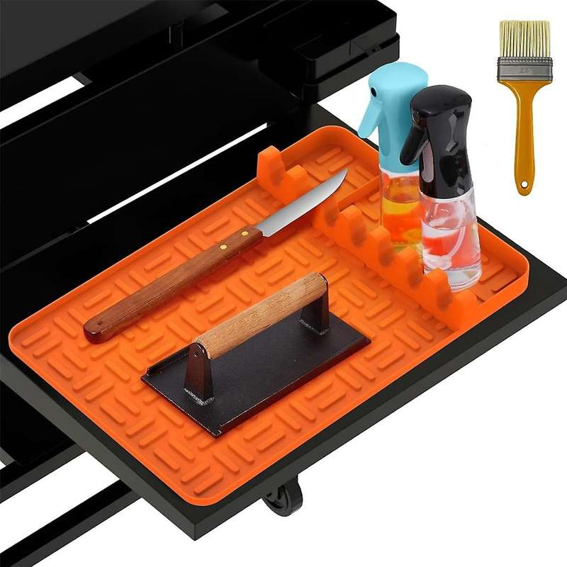 Silicone Griddle Tools Mat ,Spatula Mat with Drip Pad,Side Shelf Mat Grill Utensils Holder Griddle A