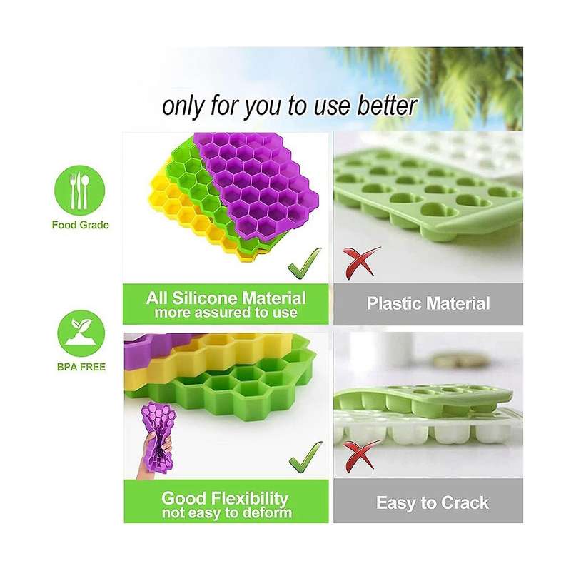 Silicone Ice Square Tray 3 Packs with Removable Lid, Easy Release Hexagonal Ice Square Mold, Stacka