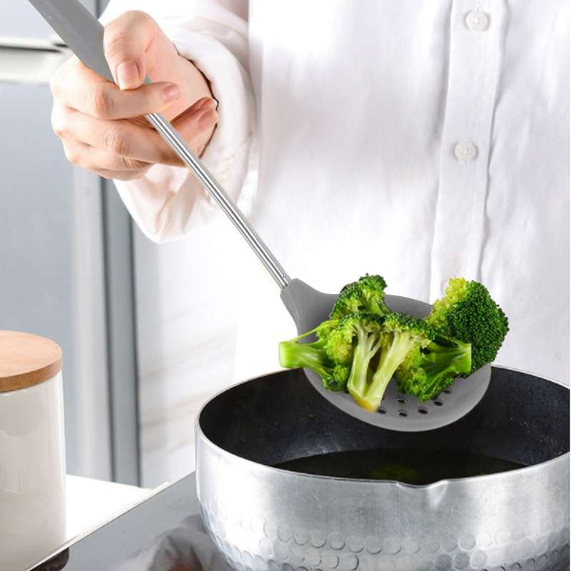 Silicone Non-stick Cookware Cooking Tool Spatula Ladle Egg Beaters Shovel Spoon Soup Set Gray