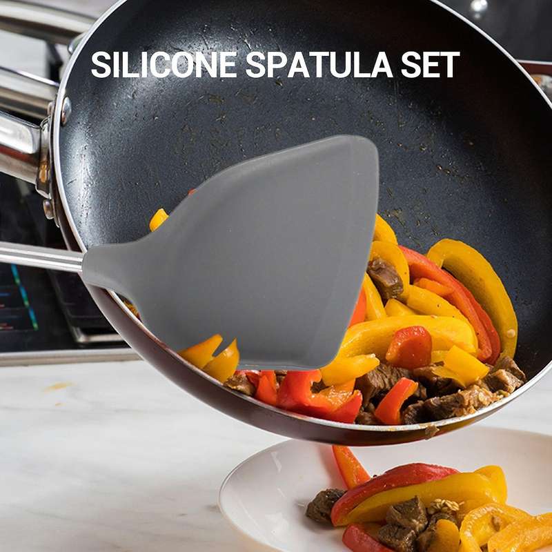 Silicone Non-stick Cookware Cooking Tool Spatula Ladle Egg Beaters Shovel Spoon Soup Set Gray