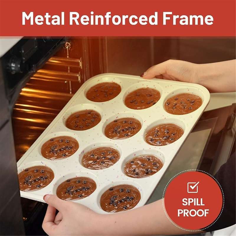 Silicone Muffin Pan, Metal Reinforced Frame Cupcake Pan 12 Cups Regular