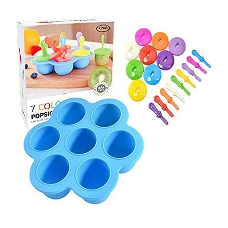 Silicone Popsicle- Mini 7-Cavity DIY Ice-Pop Mold with Colorful Sticks Reusable Non-Stick Food Grade
