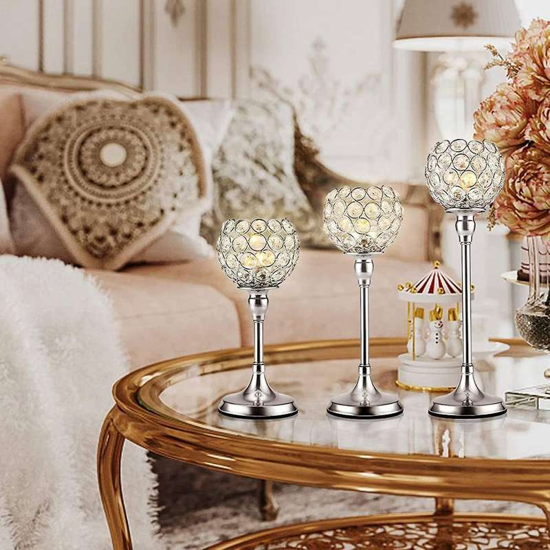 Silver Crystal Candle Holder for Wedding Centerpiece Candlestick Holder Fireplace Candelabra Home De