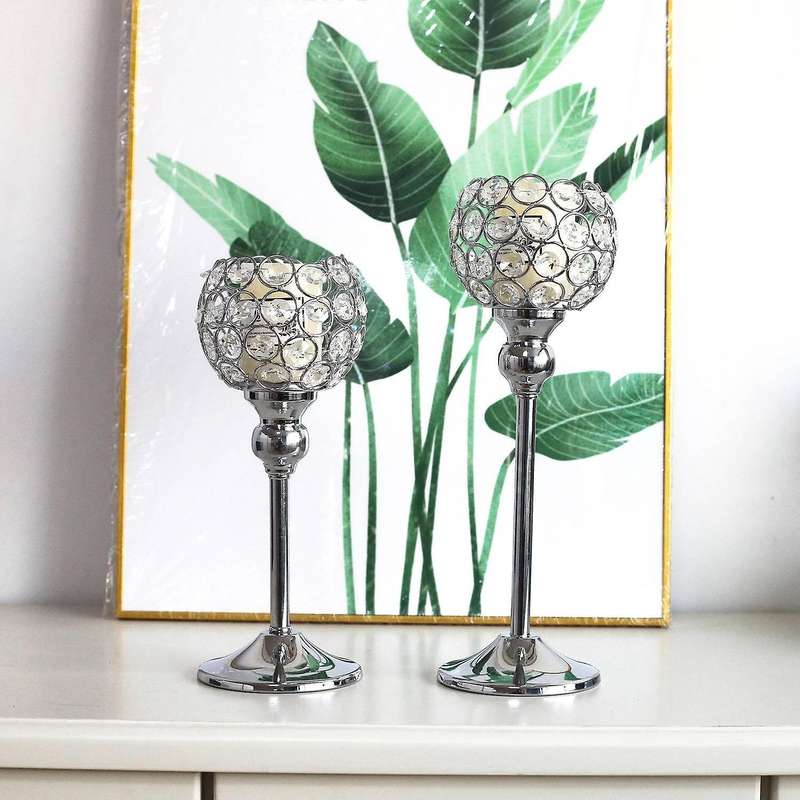 Silver Crystal Candle Holders Set of 2 Decorative Candlesticks Holder for Table Centerpiece Christma