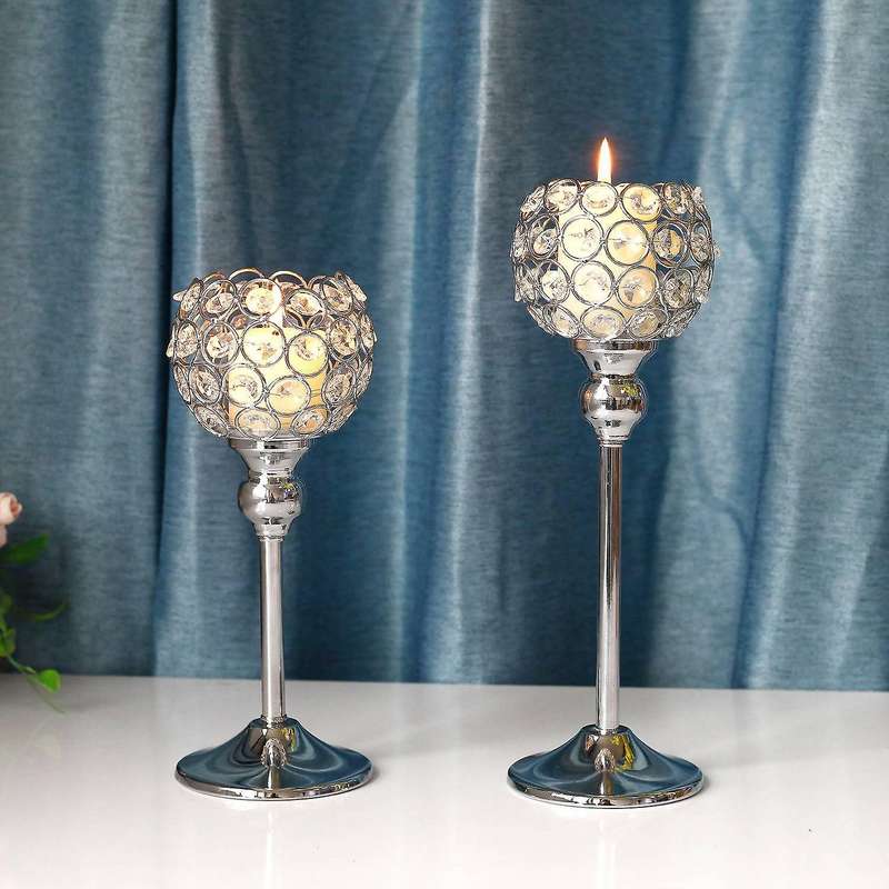 Silver Crystal Candle Holders Set of 2 Decorative Candlesticks Holder for Table Centerpiece Christma