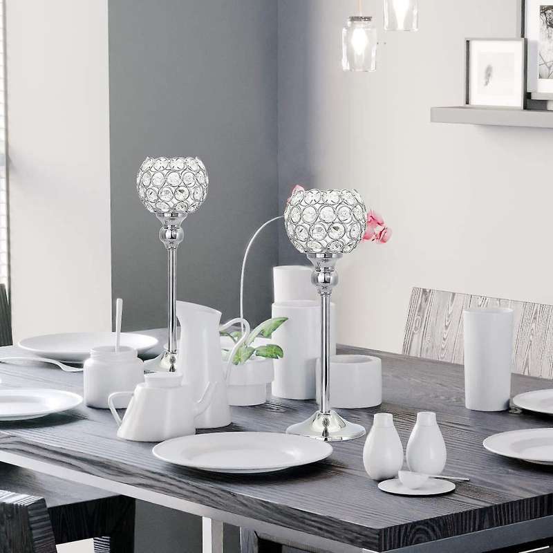 Silver Crystal Candle Holders Set of 2 Decorative Candlesticks Holder for Table Centerpiece Christma