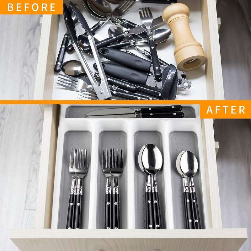 Silverware Tray for Drawer, Plastic Cutlery Tray Kitchen Drawer Organizer, 5 Compartment Flatware Cu