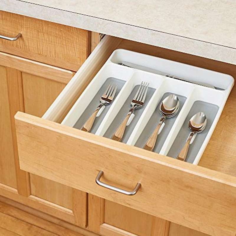 Silverware Tray for Drawer, Plastic Cutlery Tray Kitchen Drawer Organizer, 5 Compartment Flatware Cu