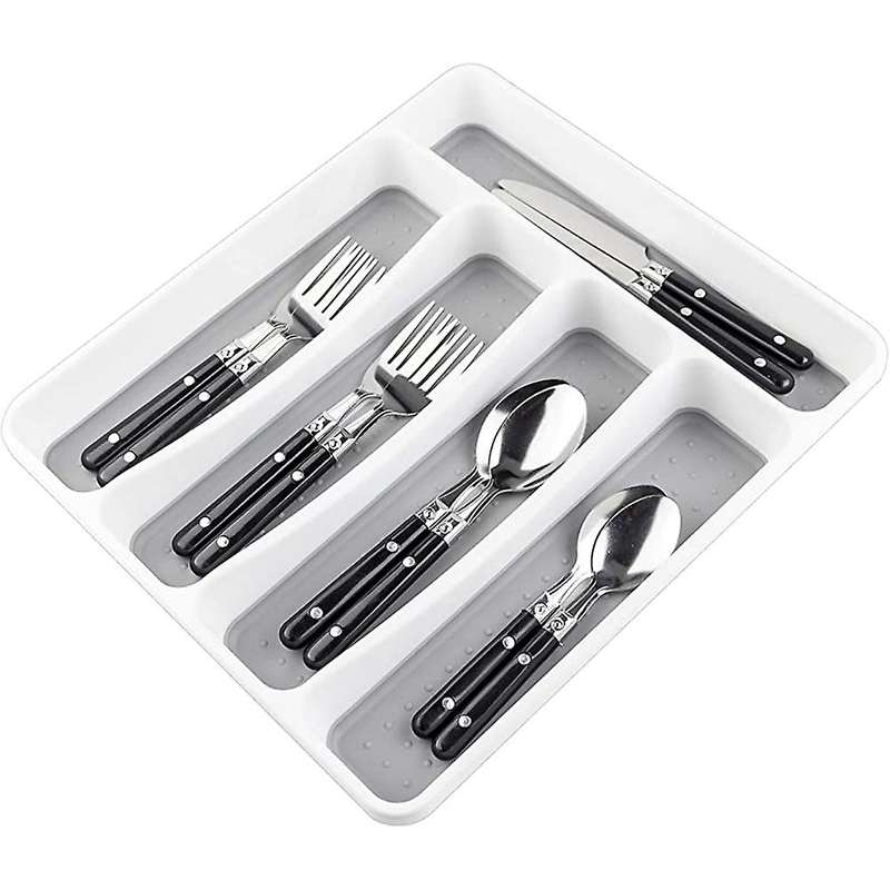 Silverware Tray for Drawer, Plastic Cutlery Tray Kitchen Drawer Organizer, 5 Compartment Flatware Cu