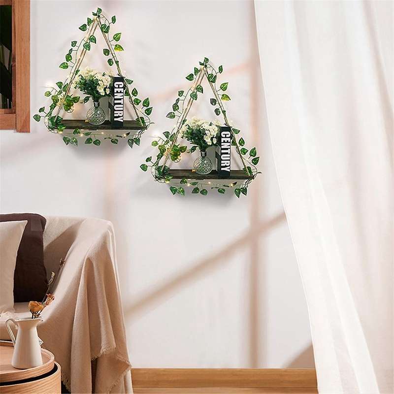 Simulated Green Plant Led Light Wooden Wall Hanging, Macrame Shelf for Bedroom Living Room Kitchen