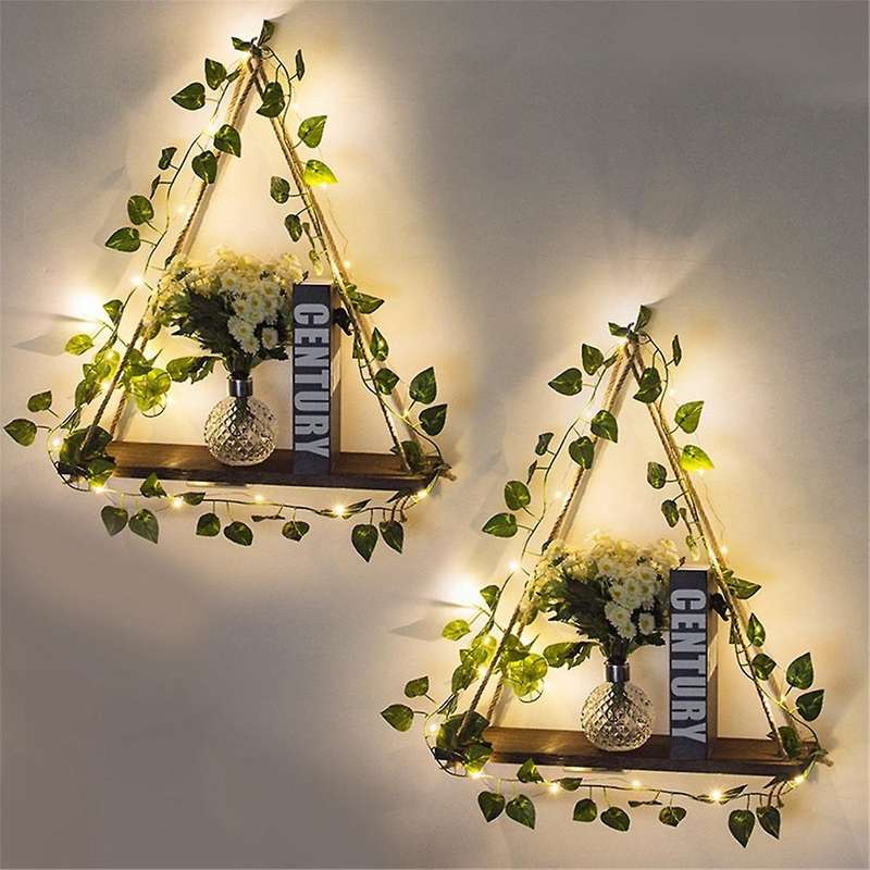 Simulated Green Plant Led Light Wooden Wall Hanging, Macrame Shelf for Bedroom Living Room Kitchen