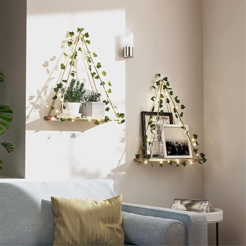 Simulated Green Plant Led Light Wooden Wall Hanging, Macrame Shelf for Bedroom Living Room Kitchen
