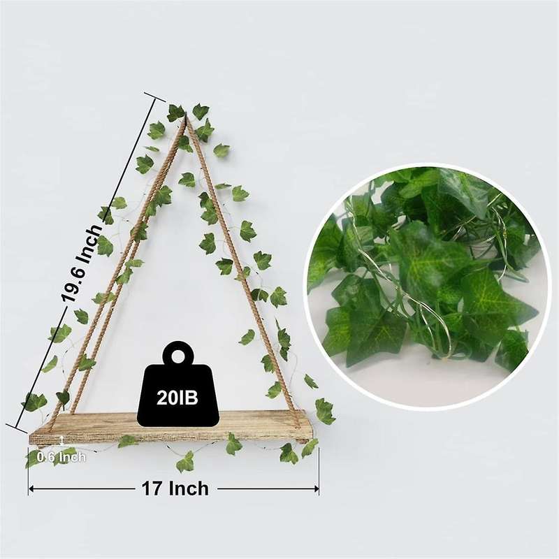 Simulated Green Plant Led Light Wooden Wall Hanging, Macrame Shelf for Bedroom Living Room Kitchen