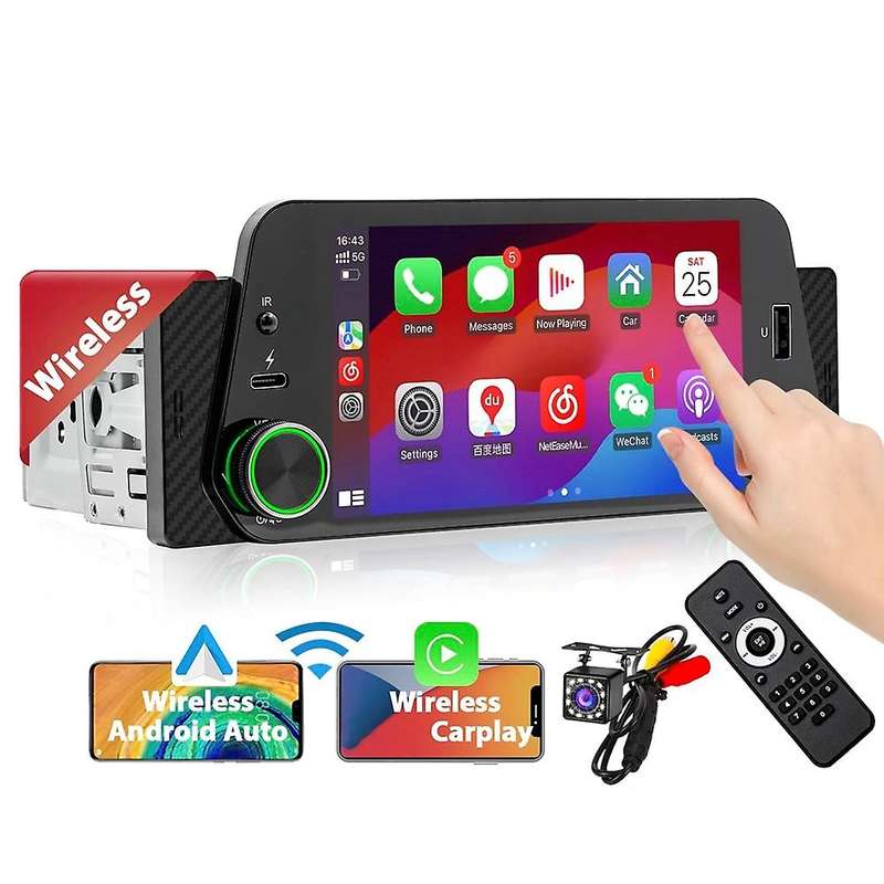 Single Din Car Stereo with Wireless CarPlay/Android Auto, Touchscreen Radio, Bluetooth, Backup Camer