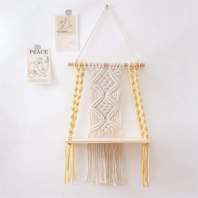 Single Tier Macrame Boho Wall Hanging Shelf,Handmade Boho Wooden Woven Plants Floating Shelves Decor