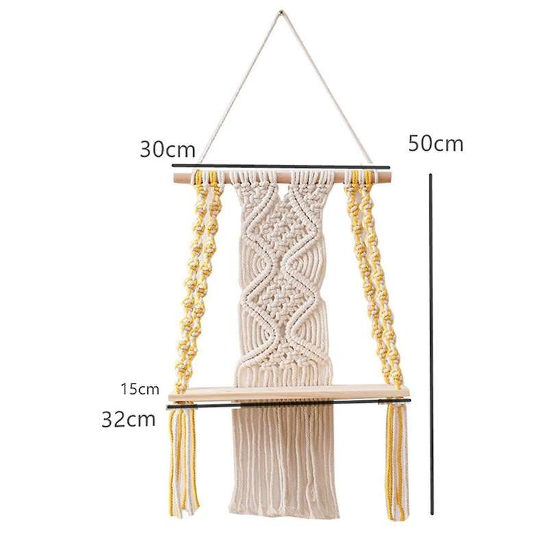 Single Tier Macrame Boho Wall Hanging Shelf,Handmade Boho Wooden Woven Plants Floating Shelves Decor