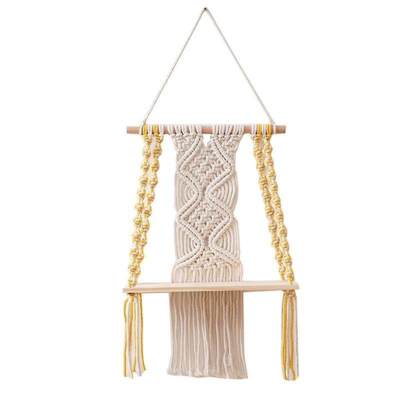 Single Tier Macrame Boho Wall Hanging Shelf,Handmade Boho Wooden Woven Plants Floating Shelves Decor