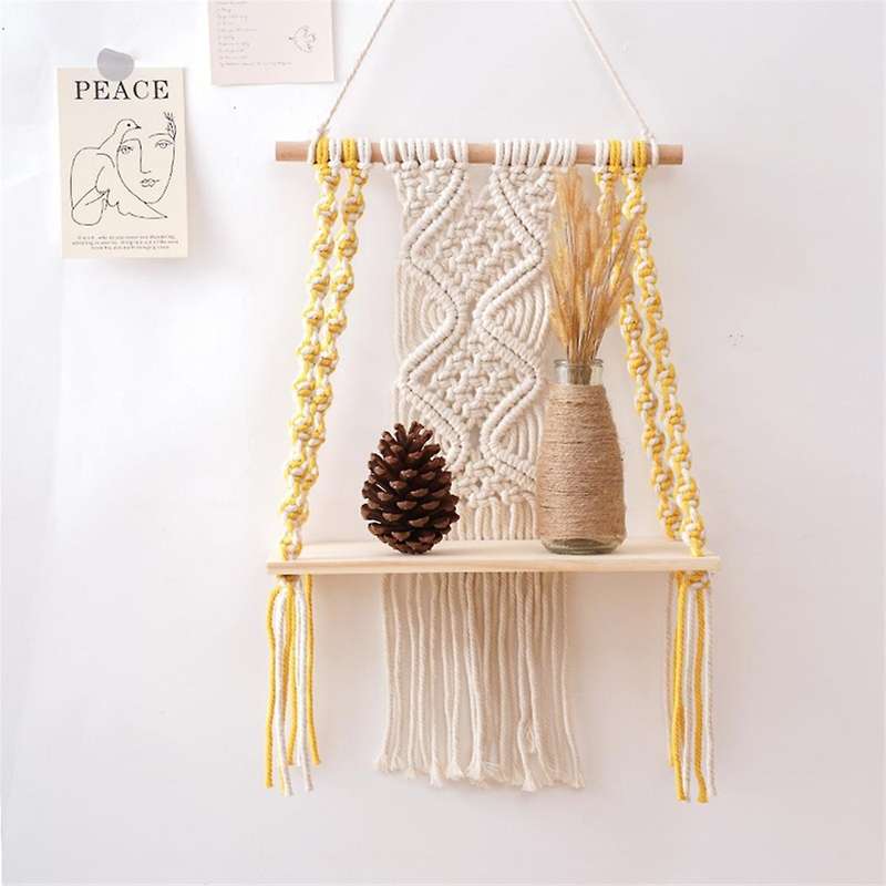 Single Tier Macrame Boho Wall Hanging Shelf,Handmade Boho Wooden Woven Plants Floating Shelves Decor
