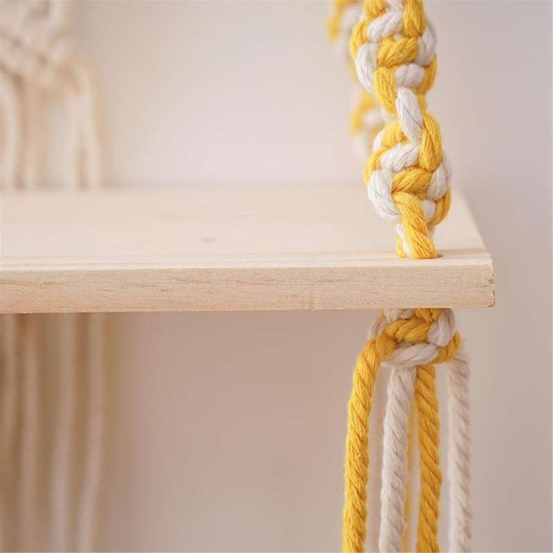 Single Tier Macrame Boho Wall Hanging Shelf,Handmade Boho Wooden Woven Plants Floating Shelves Decor