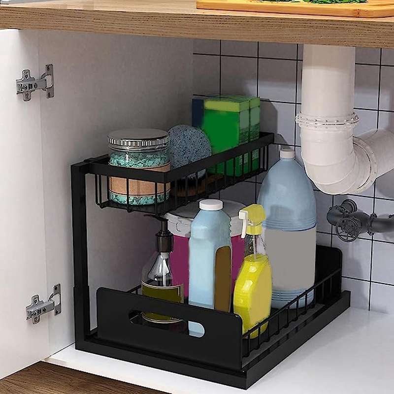 Sink Organizer, Pull Out Cabinet Organizer 2-tier Sliding Shelf Multi-use for Under Kitchen Sink An