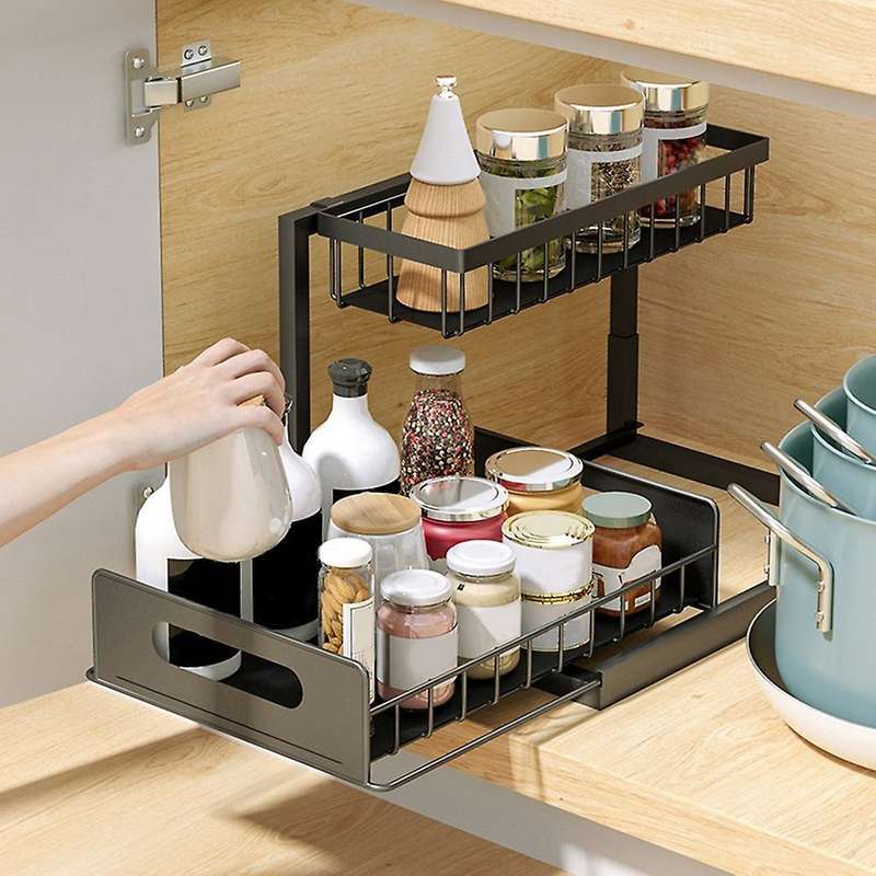 Sink Organizer, Pull Out Cabinet Organizer 2-tier Sliding Shelf Multi-use for Under Kitchen Sink An
