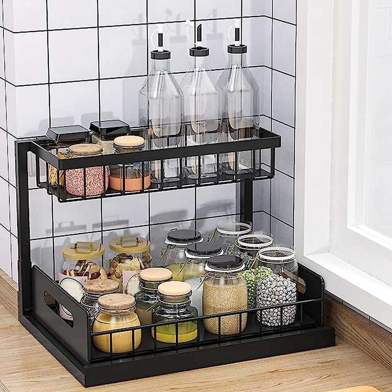 Sink Organizer, Pull Out Cabinet Organizer 2-tier Sliding Shelf Multi-use for Under Kitchen Sink An