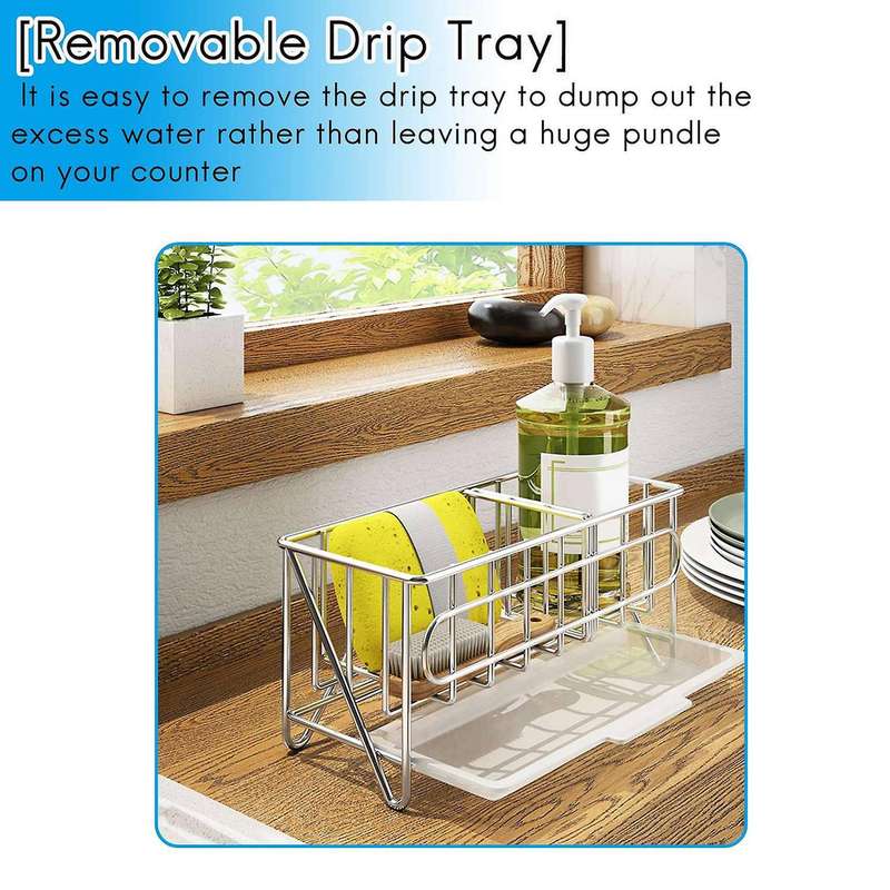Sink Organizer Countertop Sponge Brush Soap Holder with Drain Pan Stainless Steel for Kitchen