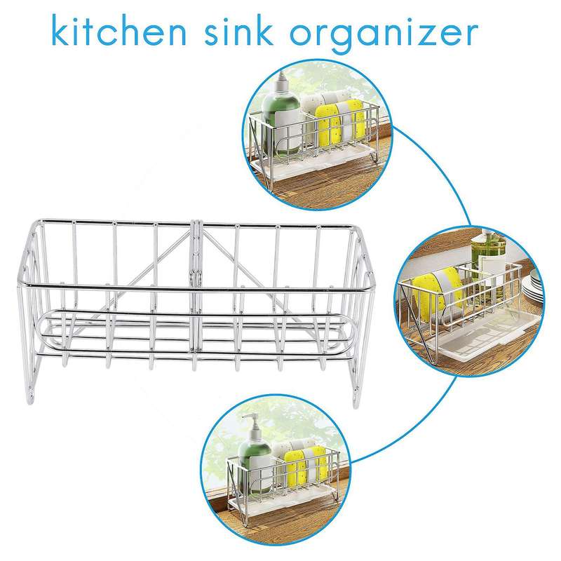 Sink Organizer Countertop Sponge Brush Soap Holder with Drain Pan Stainless Steel for Kitchen