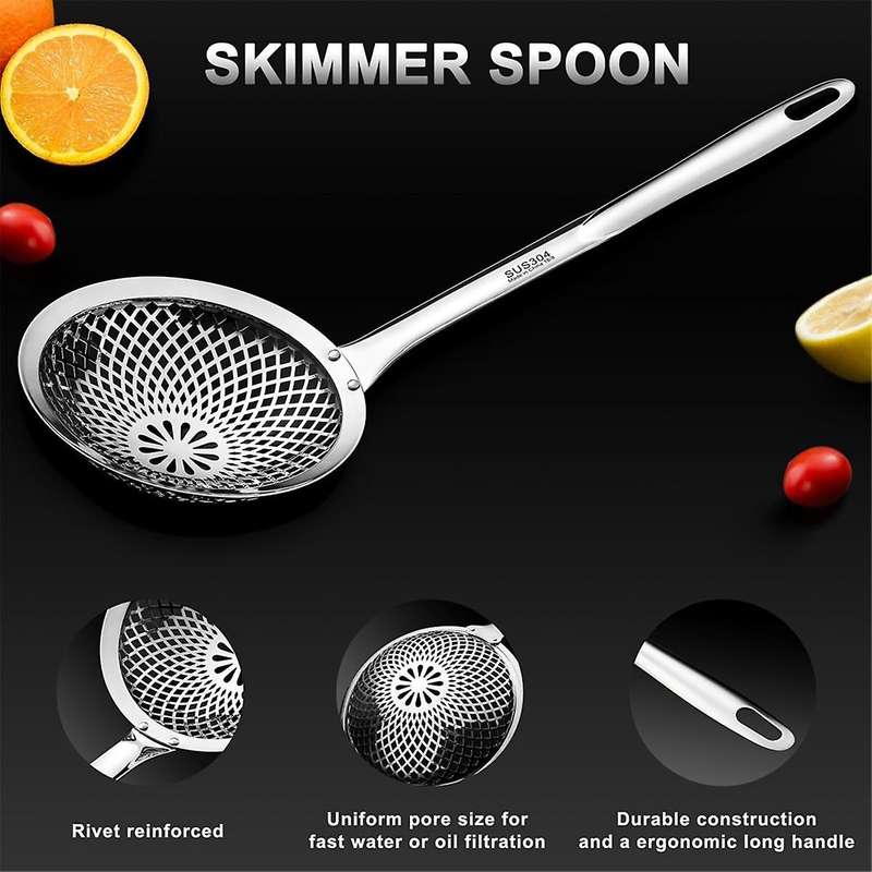 Skimmer Spoon,304 Stainless Steel Strainer Spoons, Metal Cooking Skimmer Deep Fryer Scoop,Dia 4.3 &
