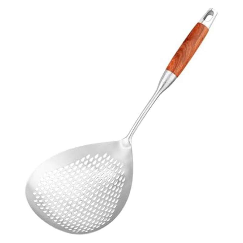 Skimmer Slotted Spoon - 304 Stainless Steel Skimmer Spoon with Wooden Long Handle, 16 Inches Deep Fr