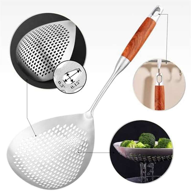 Skimmer Slotted Spoon - 304 Stainless Steel Skimmer Spoon with Wooden Long Handle, 16 Inches Deep Fr