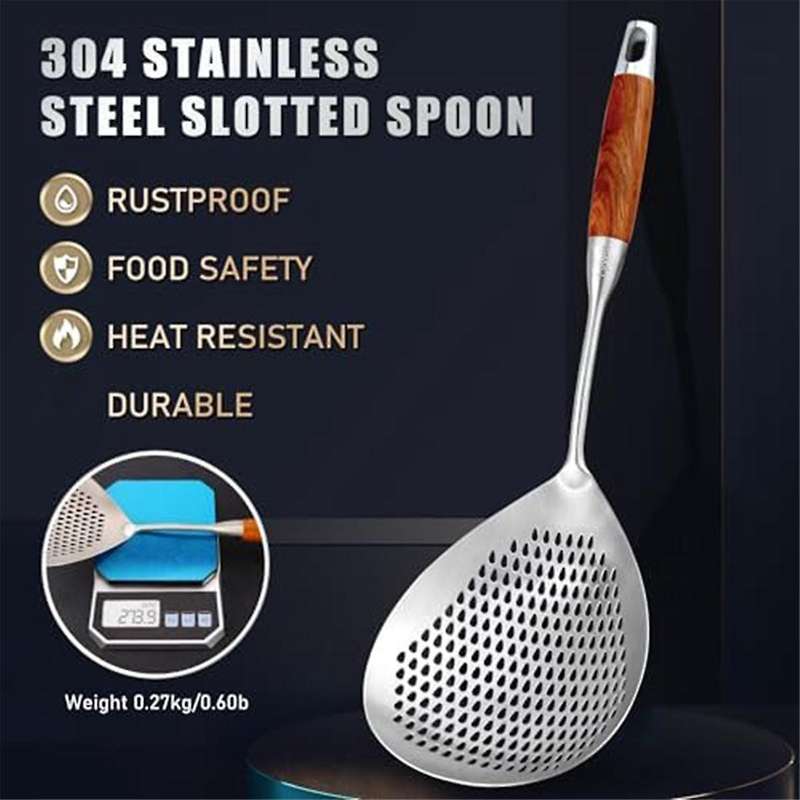 Skimmer Slotted Spoon - 304 Stainless Steel Skimmer Spoon with Wooden Long Handle, 16 Inches Deep Fr