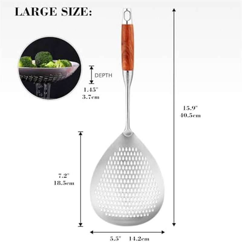 Skimmer Slotted Spoon - 304 Stainless Steel Skimmer Spoon with Wooden Long Handle, 16 Inches Deep Fr