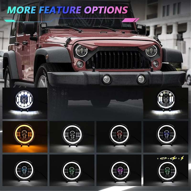 Skull Round Led Headlight,7inch Led Head Light Lamp Offroad Eyes for Wrangler Jk Tj Lj Cj Hummber H1