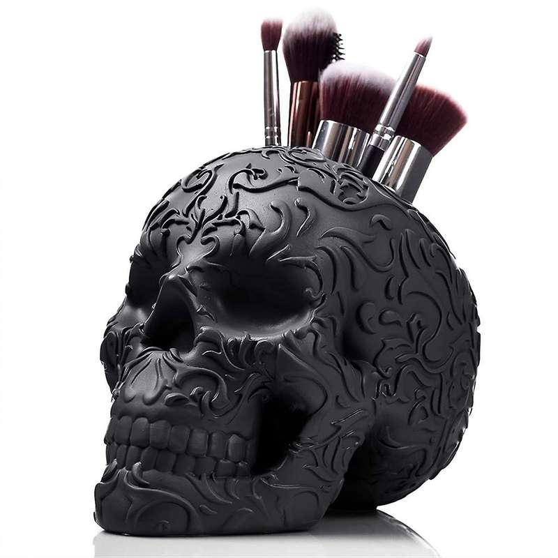 Skull Makeup Brush Holder Gothic Spooky Decor Organizer Plant Flower Pot for Halloween Table Vanity
