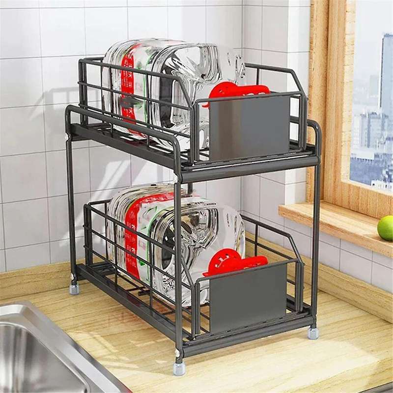Sliding Drawer Organizer Kitchen 2 Layer Multipurpose Rack Cabinet Storage Rack Bathroom Kitchen
