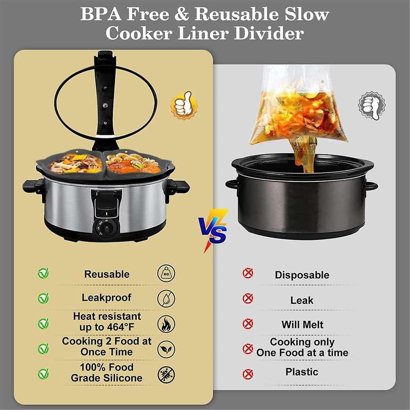 Slow Cooker Divider Liner Fit 6-8 QT for 6-8 Quart Pot, Reusable & Leakproof Silicone Divider