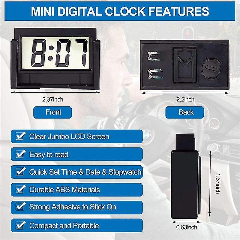 Small Digital Car Dashboard Clock Battery Operated Big Clear LCD Time Display for Automotive, Motorc