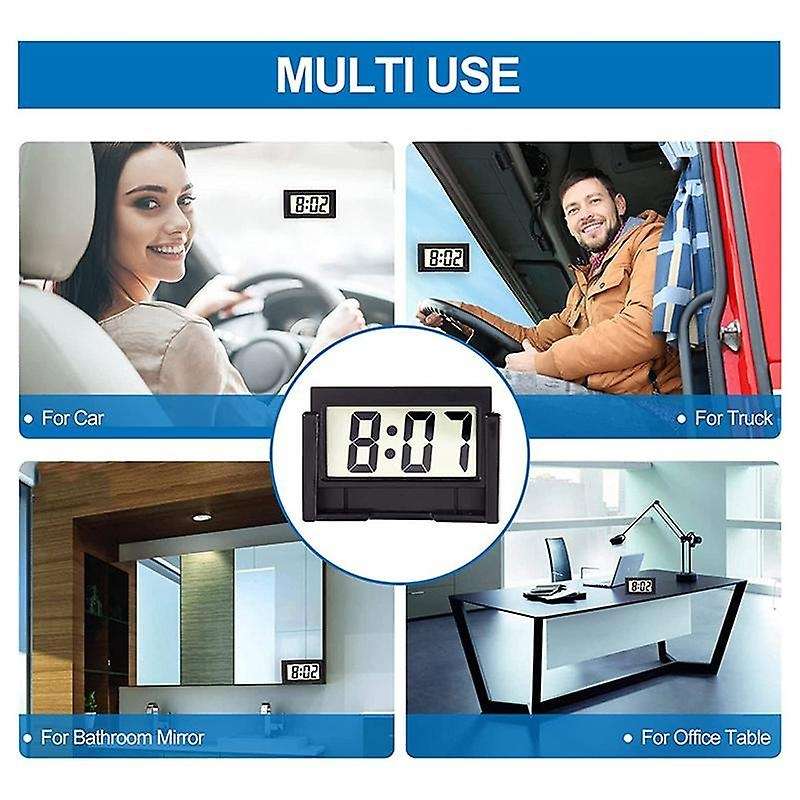 Small Digital Car Dashboard Clock Battery Operated Big Clear LCD Time Display for Automotive, Motorc