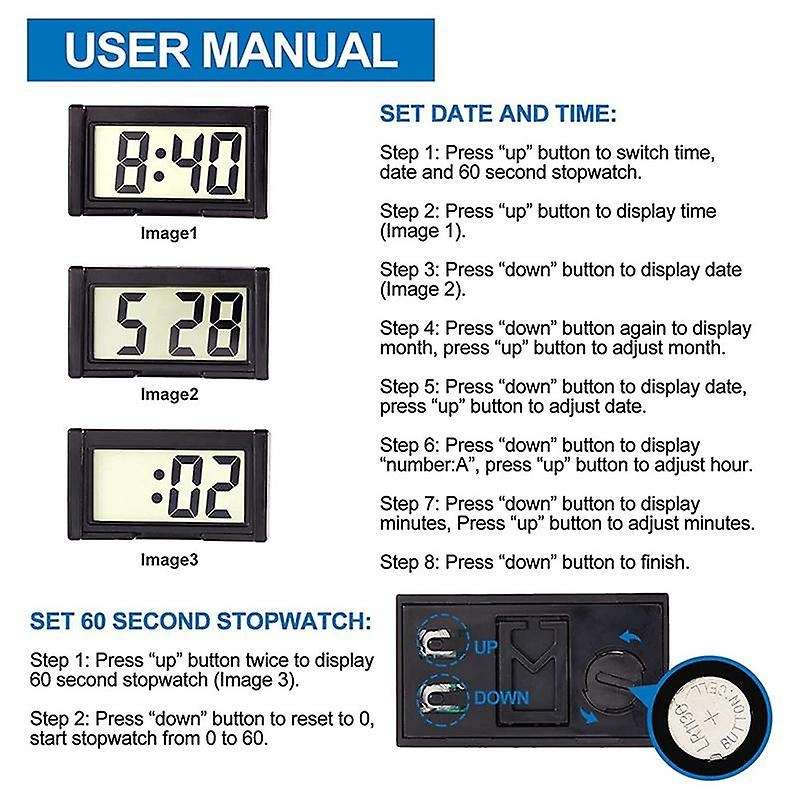 Small Digital Car Dashboard Clock Battery Operated Big Clear LCD Time Display for Automotive, Motorc