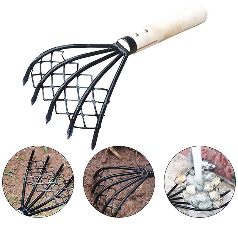 Small Nail Rake with Net Bag Small Rake Shell Digging Tool Sea Catching Small Wooden Rake Wooden Han