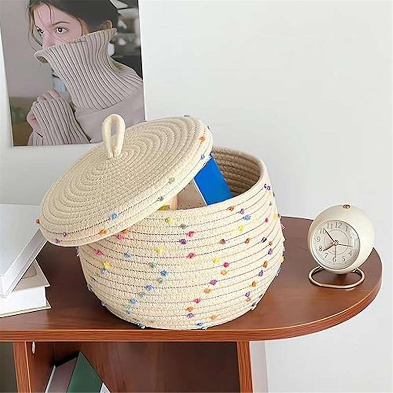Small Rope Basket with Lid,small Round Woven Storage Basket with Lid for Organizing, Small Decorativ