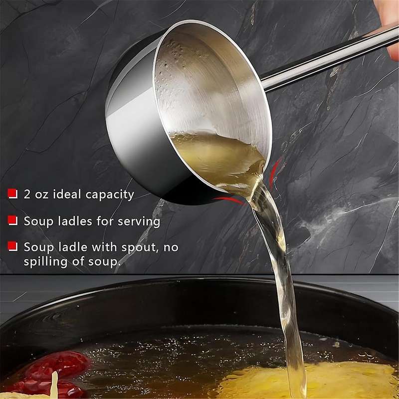 Small Soup Ladle Stainless Steel Metal Deep Spoon with Pour Spout 2 Oz Long Handle Ladles Heat-Resis