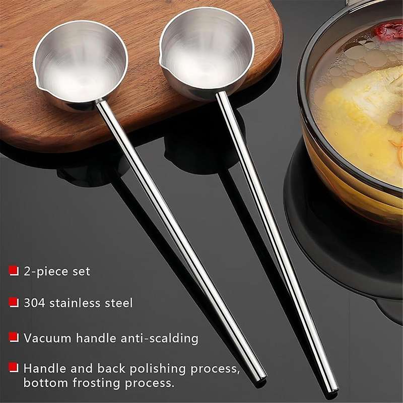 Small Soup Ladle Stainless Steel Metal Deep Spoon with Pour Spout 2 Oz Long Handle Ladles Heat-Resis
