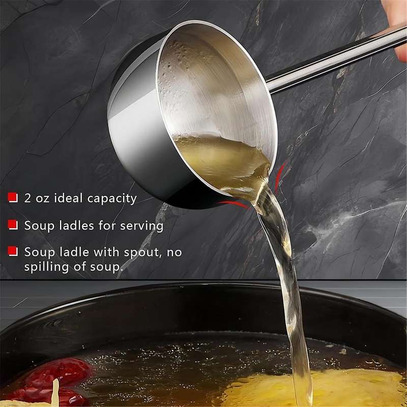 Small Soup Ladle Stainless Steel Metal Deep Spoon with Pour Spout 2oz Long Handle Ladles for Kitchen