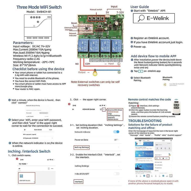 Smart WiFi Bluetooth Switch Relay Module+Remote 85-250V on Off Controller 4CH 2.4G WiFi Remote for A