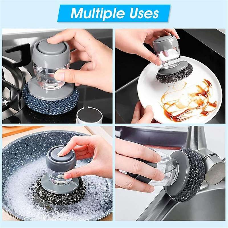 Soap Dispenser Brush for Kitchen Sink Pot Oven Dish Scrubber with Holder Push-type Liquid Adding Pe