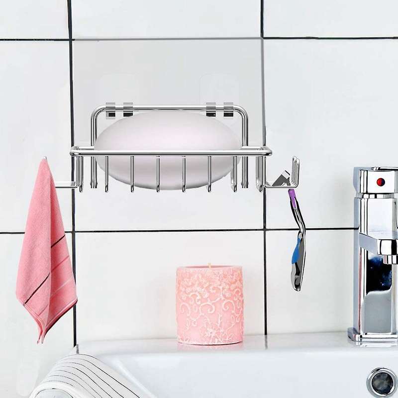 Soap Holder for Shower Wall with 4 Hooks, Stainless Steel Adhesive Soap Dish for Bathroom, Silver 1